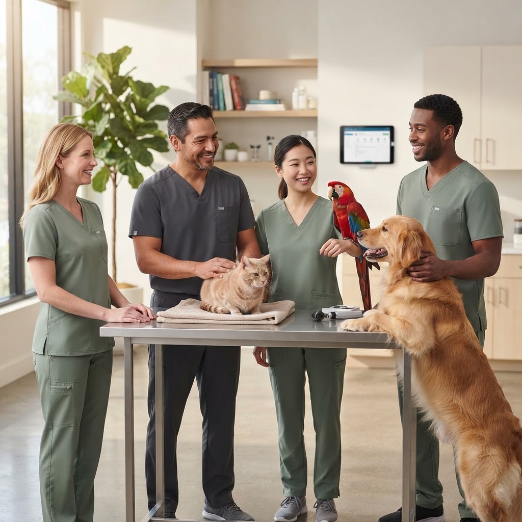 Four smiling veterinary professionals with a dog, cat, and parrot