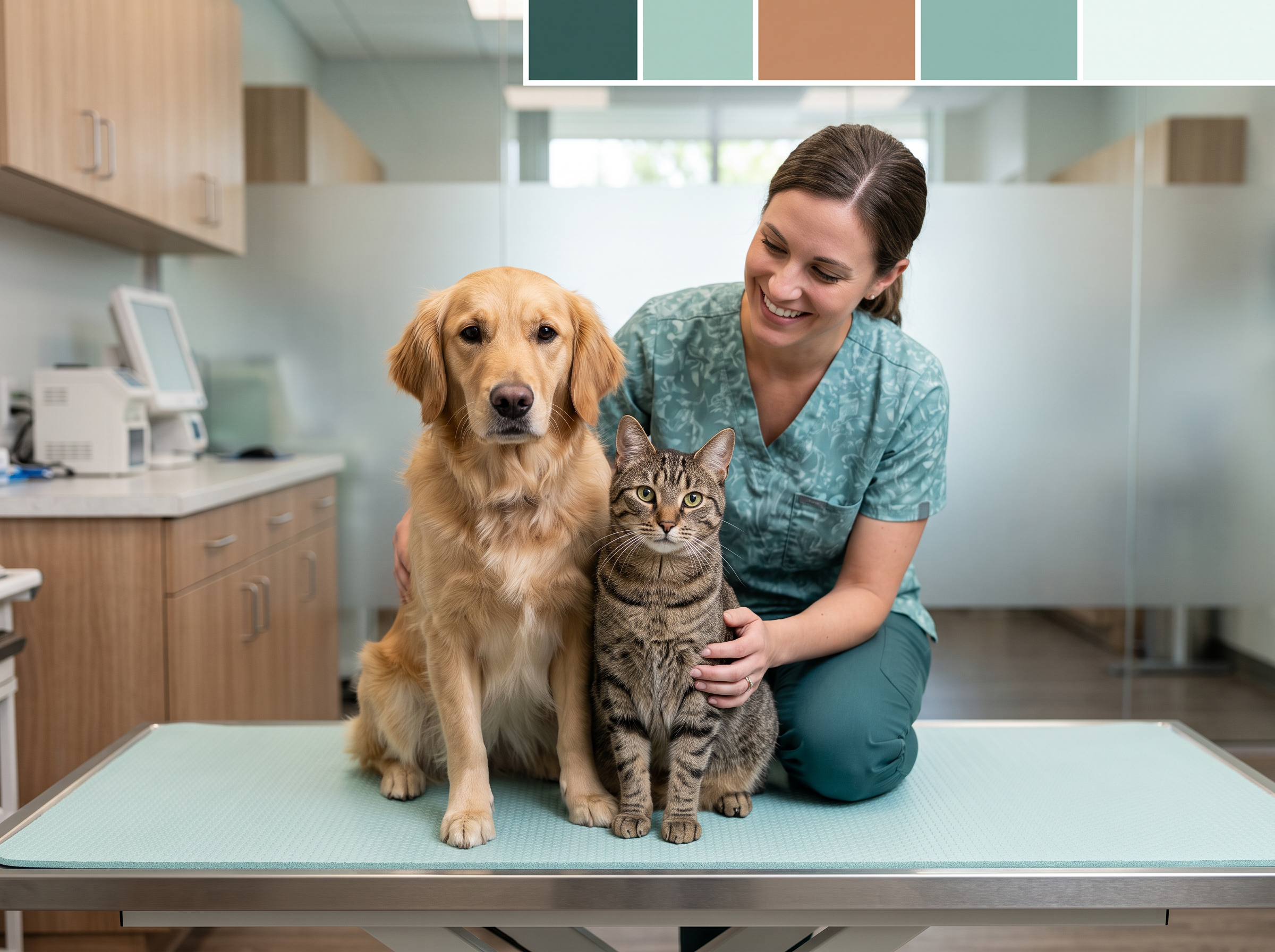 Veterinarian caring for a dog and cat